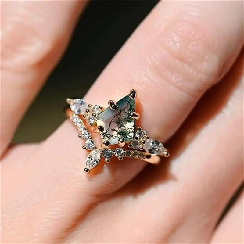 Moss Agate Engagement and Wedding Ring Set A - 925 Sterling with plating