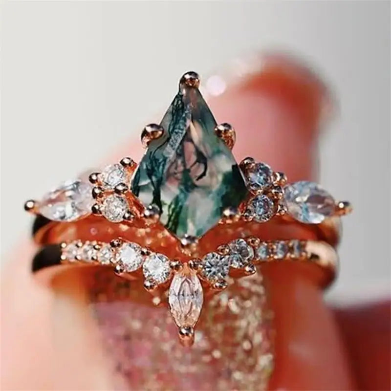 Moss Agate Engagement and Wedding Ring Set A - 925 Sterling with plating
