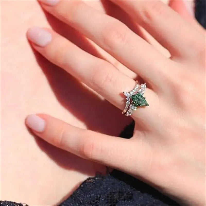 Moss Agate Engagement and Wedding Ring Set A - 925 Sterling with plating