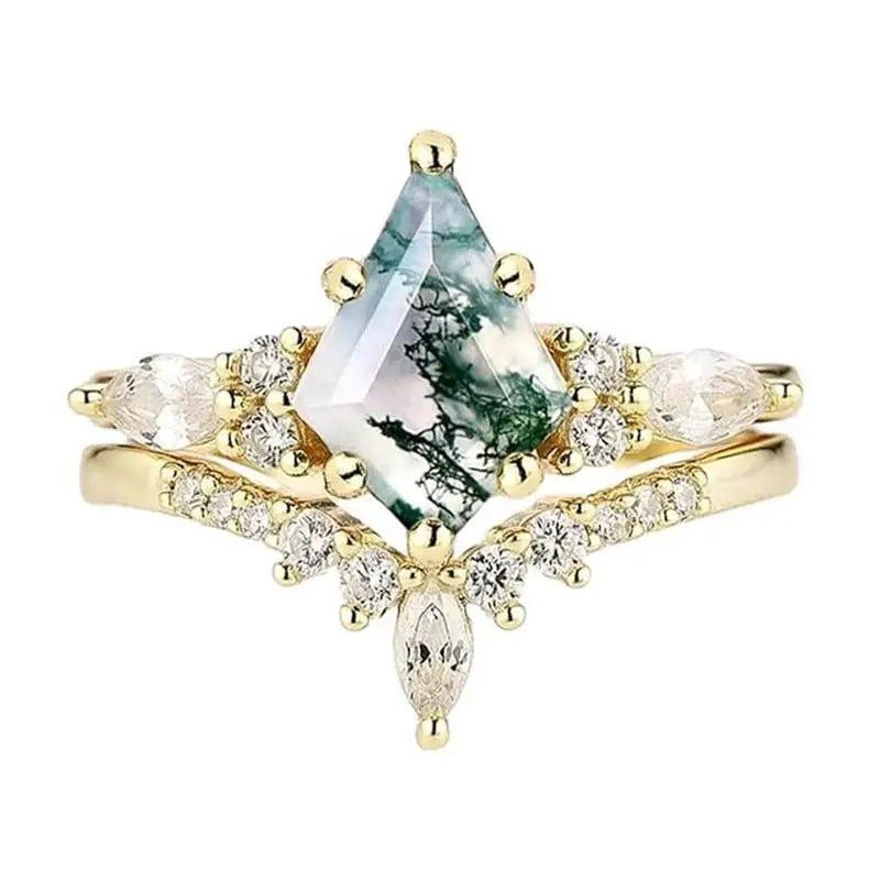 Moss Agate Engagement and Wedding Ring Set A - 925 Sterling with plating