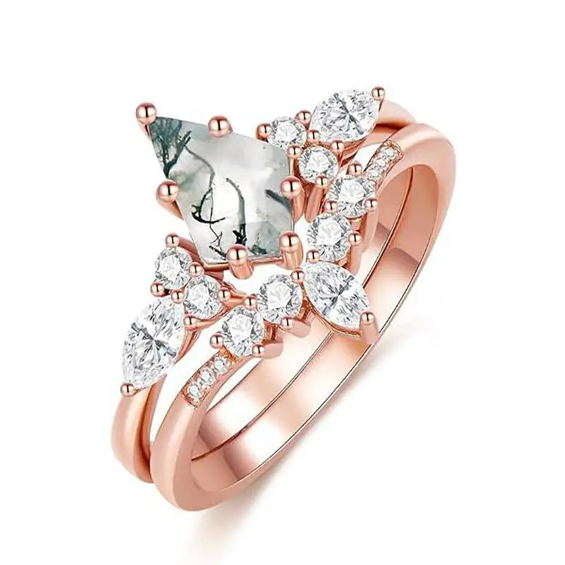 Moss Agate Engagement and Wedding Ring Set A - 925 Sterling with plating