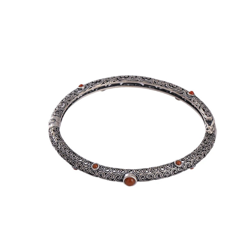 925 Silver Vintage Red Tourmaline Bangle Bracelet - non-plated