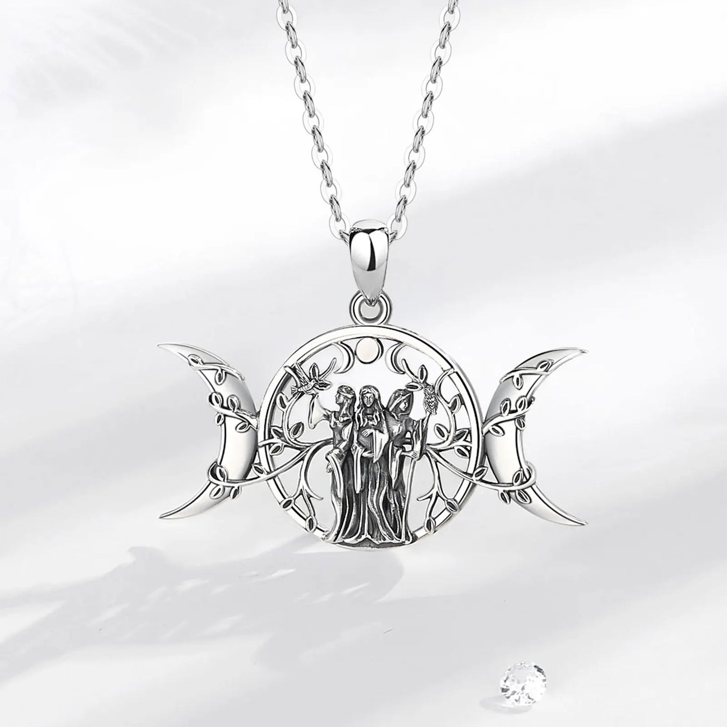 925 Sterling Silver Triple Moon Goddess and Goddesses Necklace