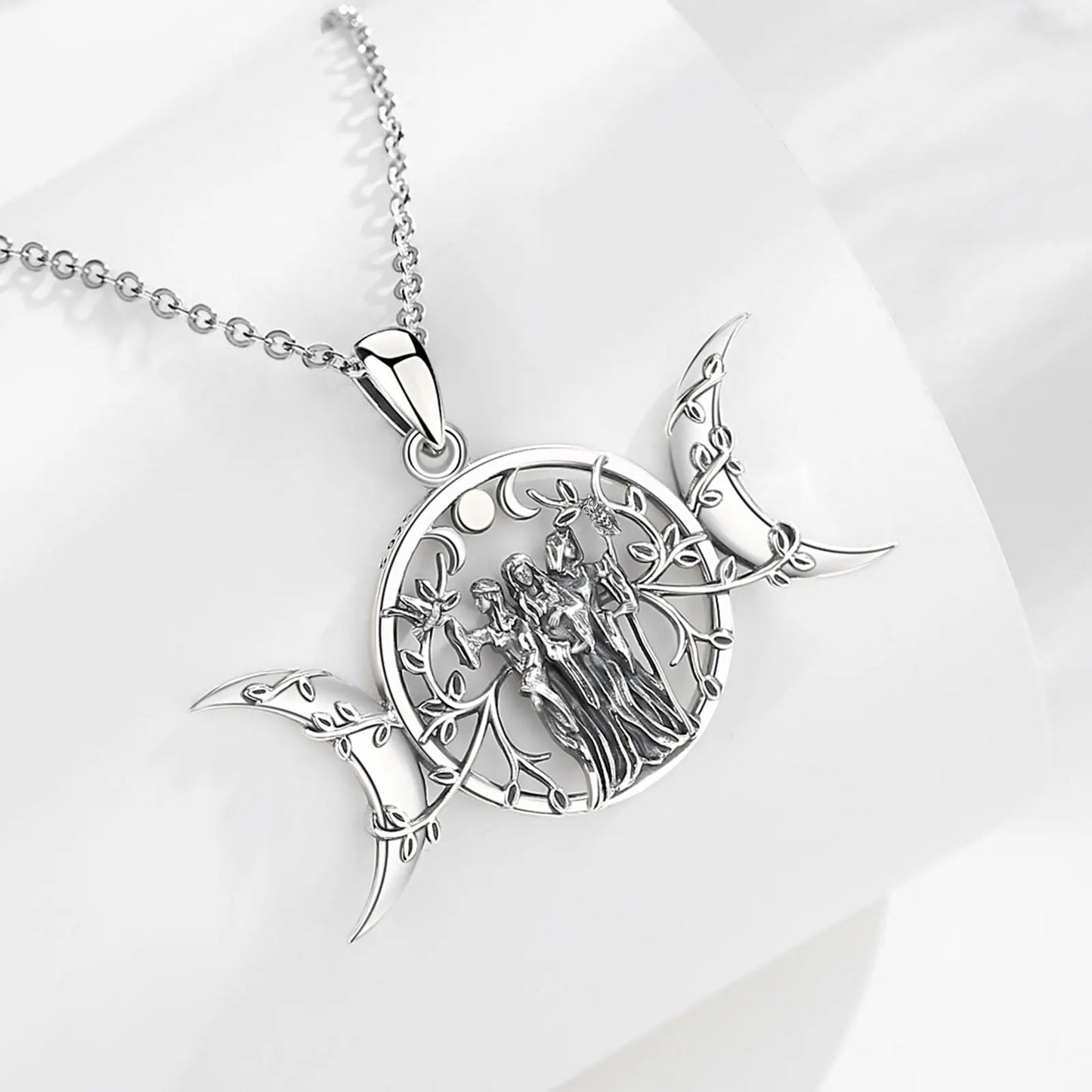 925 Sterling Silver Triple Moon Goddess and Goddesses Necklace