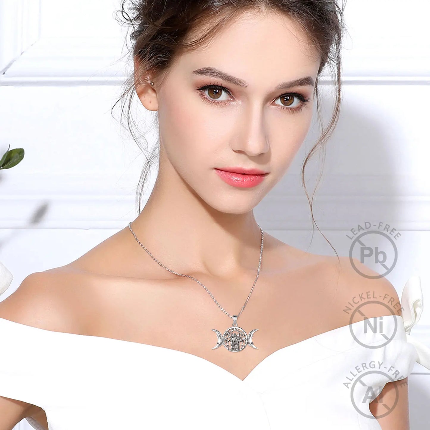 925 Sterling Silver Triple Moon Goddess and Goddesses Necklace