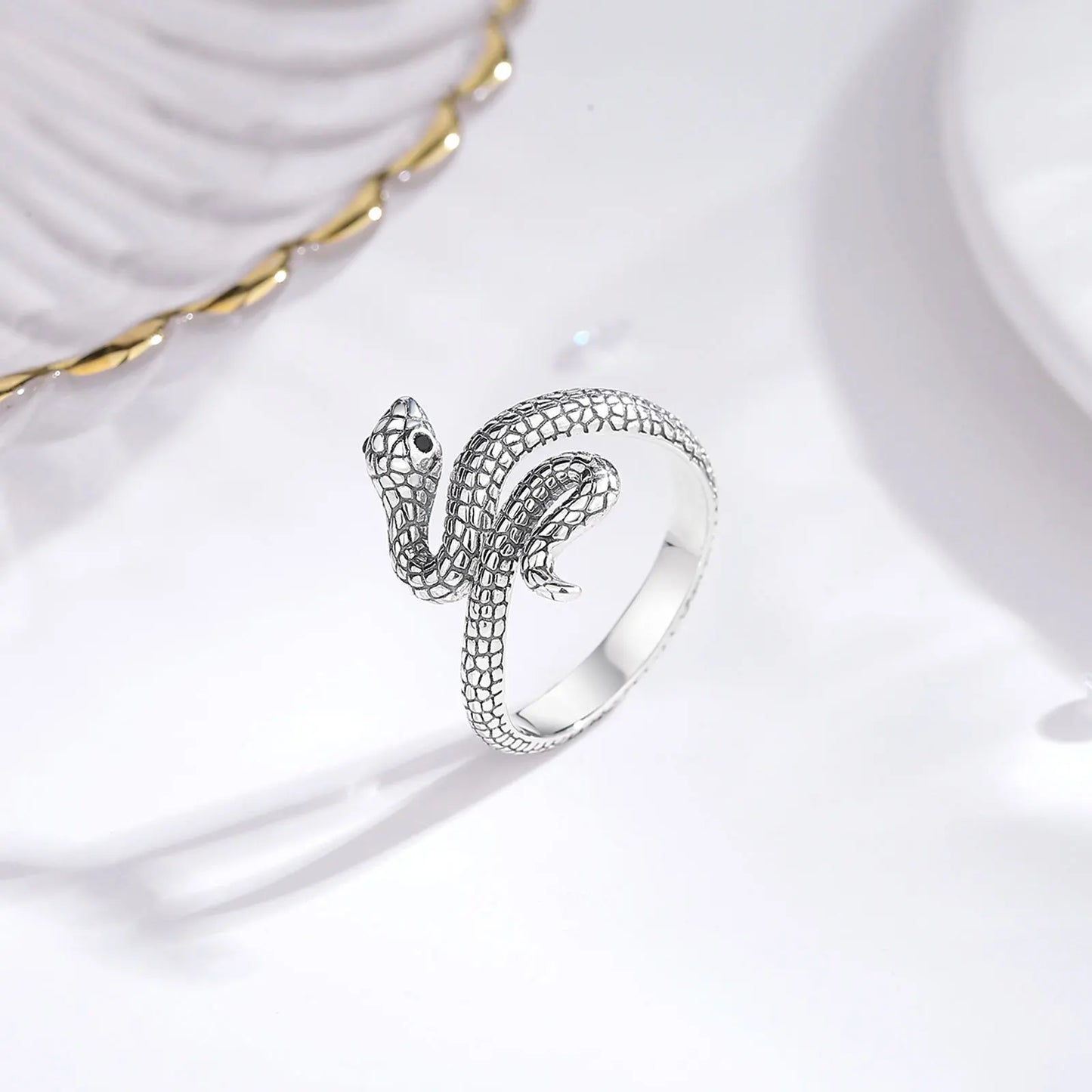 925 Sterling Silver and Black Zircon Snake Adjustable Ring
