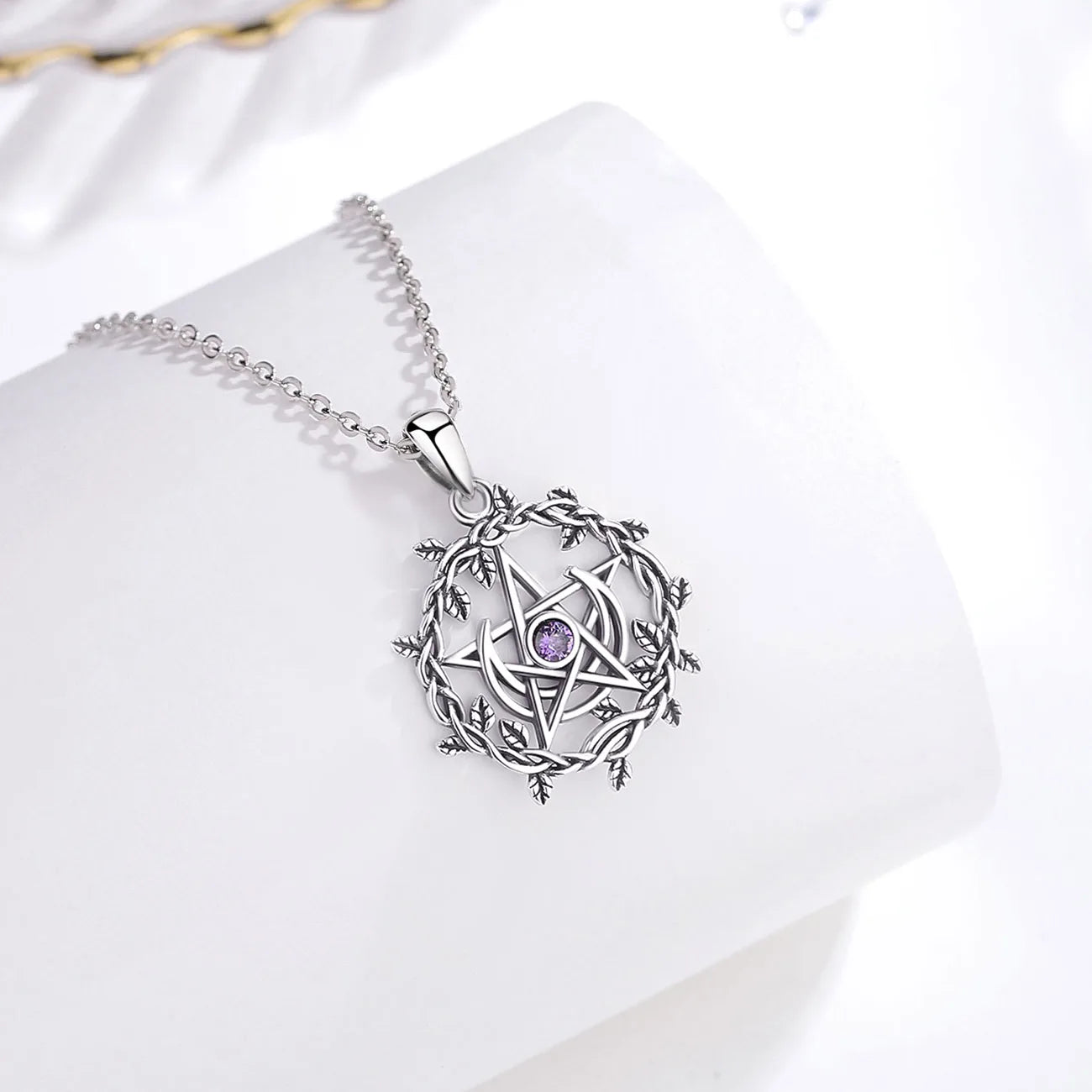 925 Sterling Silver Pentagram, Moon, Olive Leaf & “Amethyst” Necklace