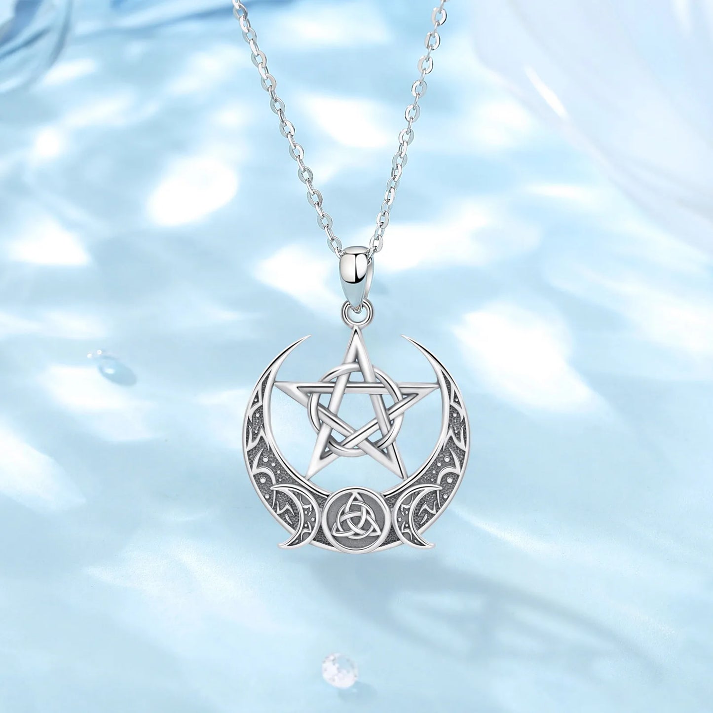 925 Sterling Silver Pentagrm, Triple moon & Triquetra Necklace