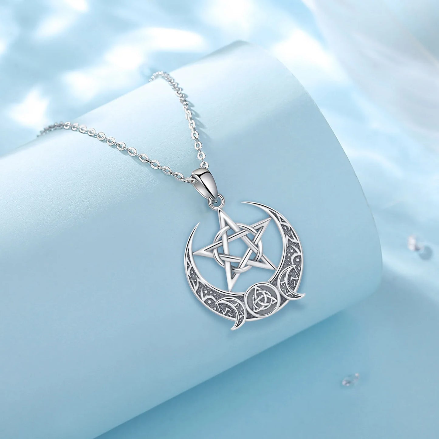 925 Sterling Silver Pentagrm, Triple moon & Triquetra Necklace