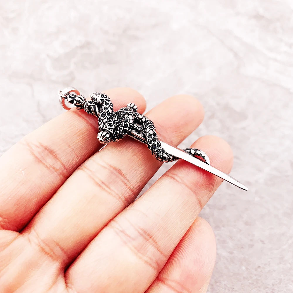 925 Sterling Silver and Black Zircon Stoned Snake & Sword Pendant Charm