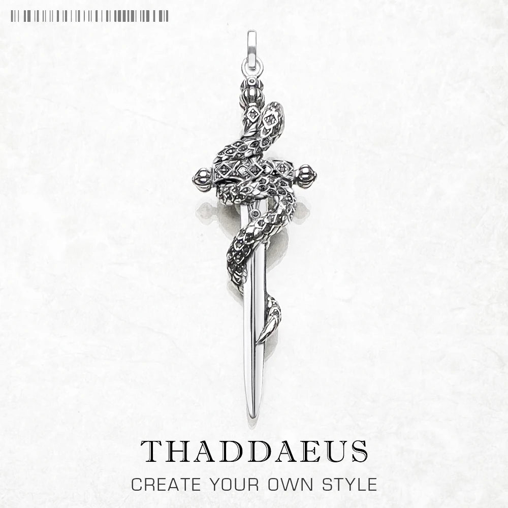 925 Sterling Silver and Black Zircon Stoned Snake & Sword Pendant Charm