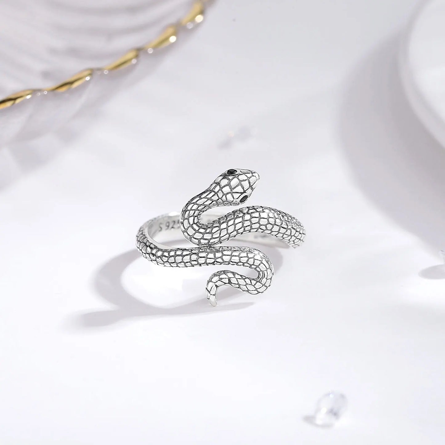 925 Sterling Silver and Black Zircon Snake Adjustable Ring