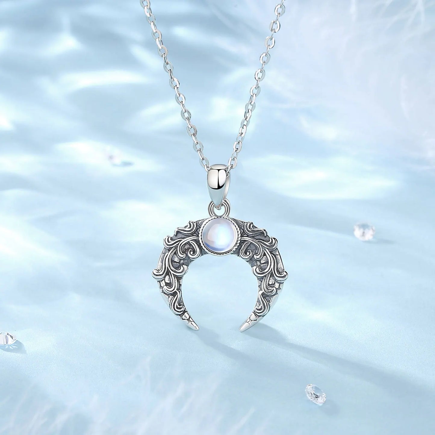 925 Sterling Silver Moonstone Filigree Moon Necklace
