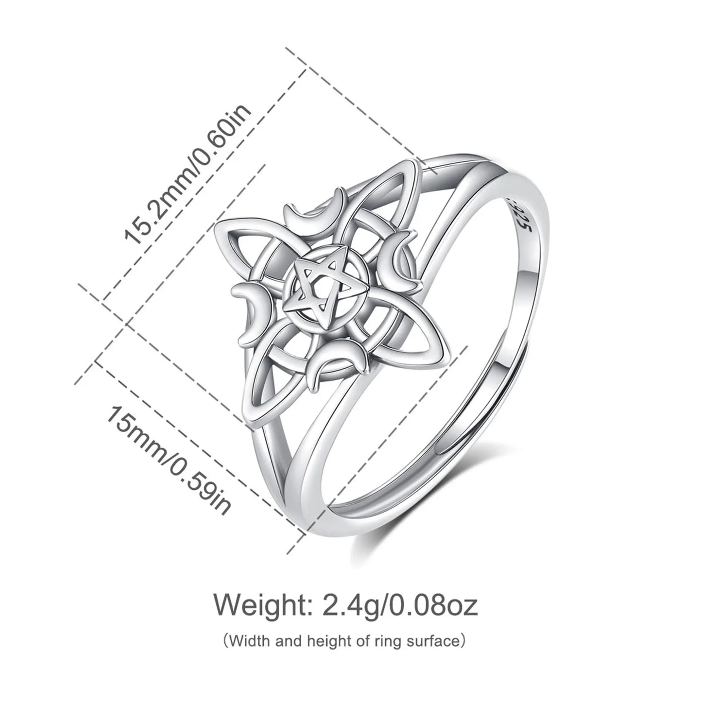 925 Sterling Silver Witch Knot Pentagram Adjustable Ring