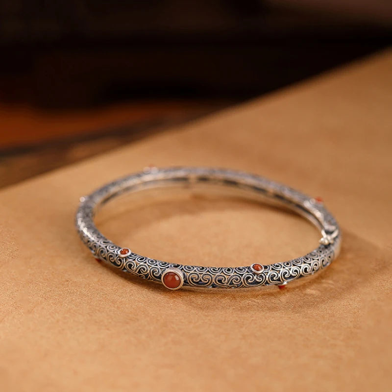 925 Silver Vintage Red Tourmaline Bangle Bracelet - non-plated