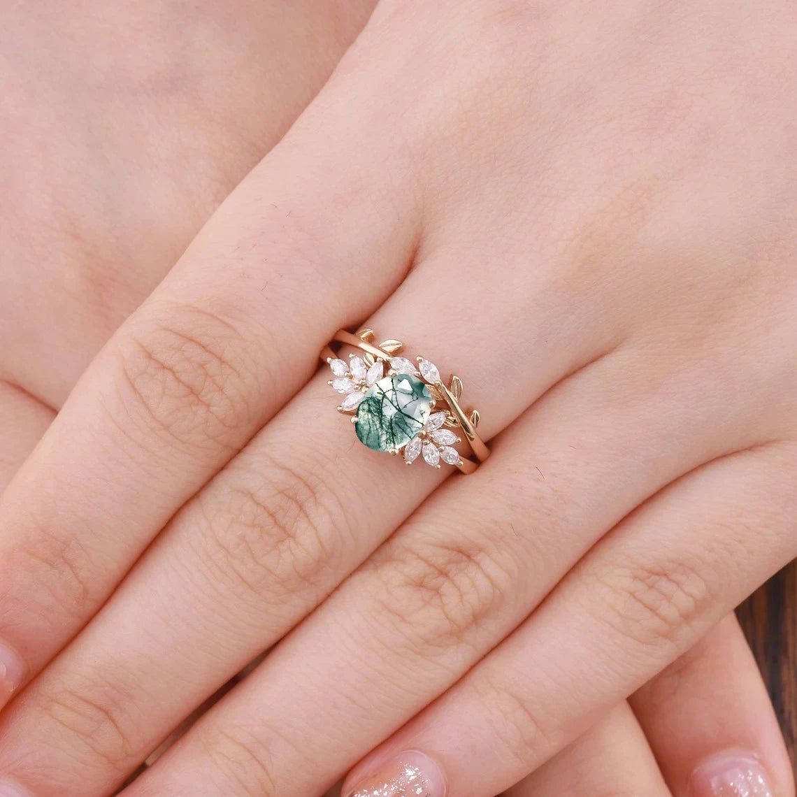 925 Sterling Silver Moss Agate Engagement and Wedding Ring Set B - Rhodium or 18k Gold Plated