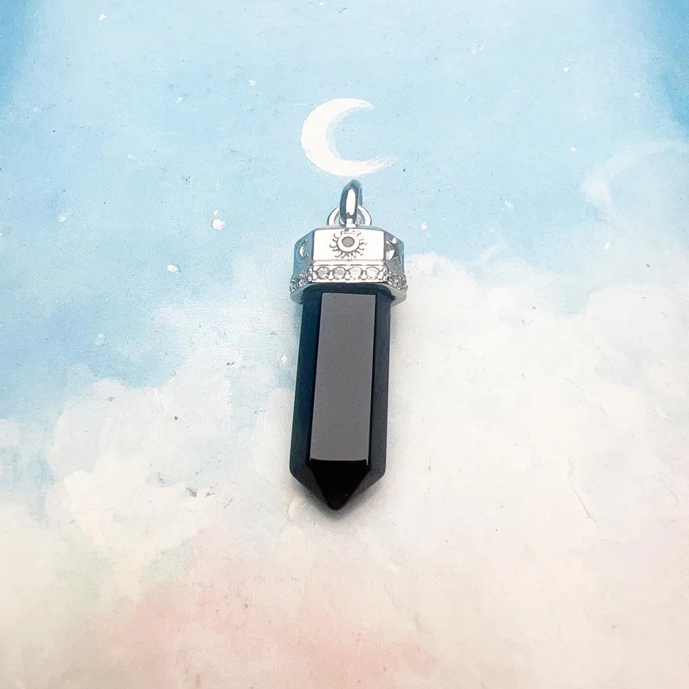 925 Sterling Silver Hexagonal Onyx Pendant with Zircon Sun and Moon