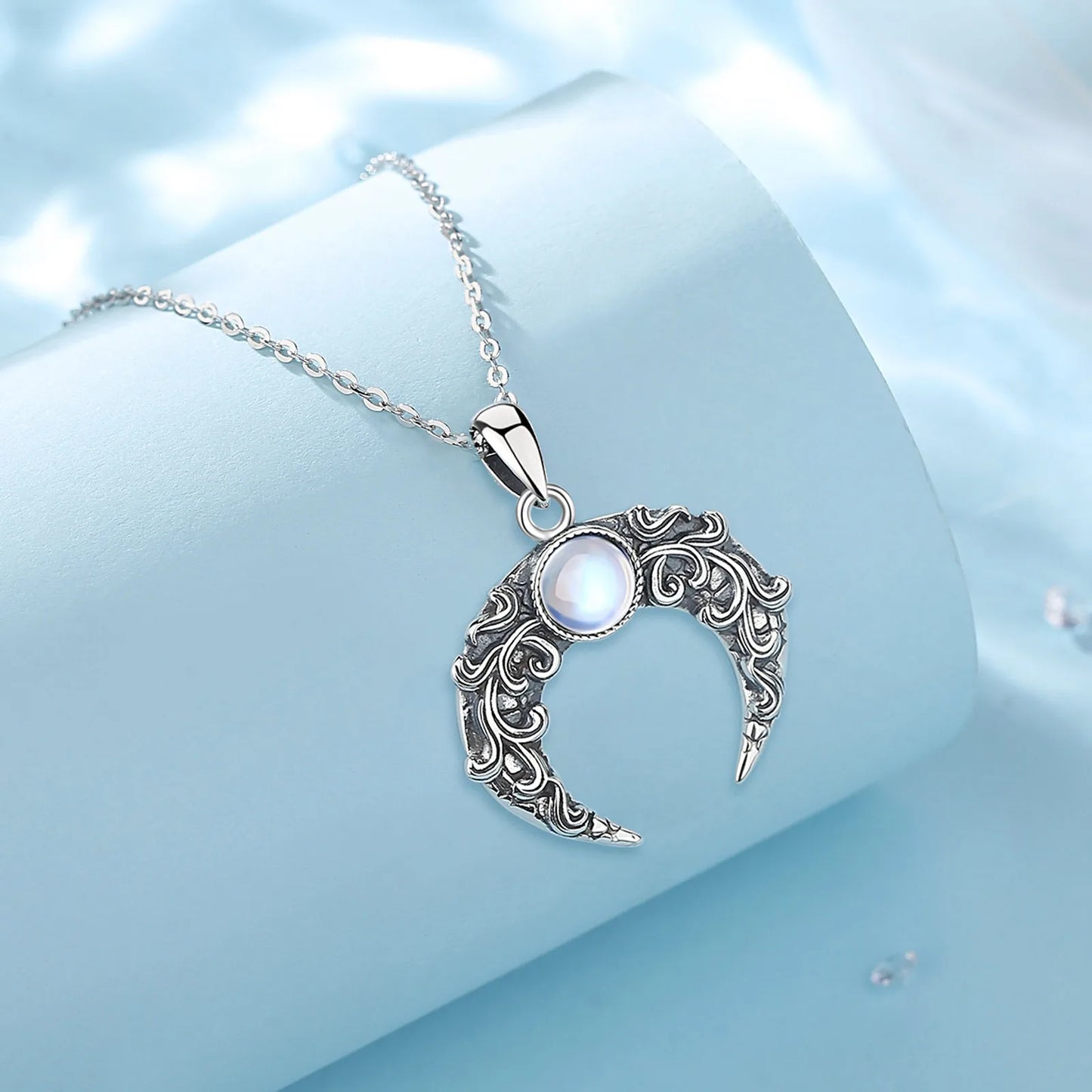 925 Sterling Silver Moonstone Filigree Moon Necklace