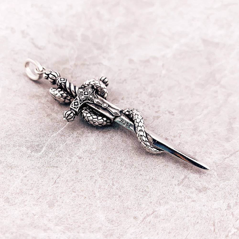 925 Sterling Silver and Black Zircon Stoned Snake & Sword Pendant Charm