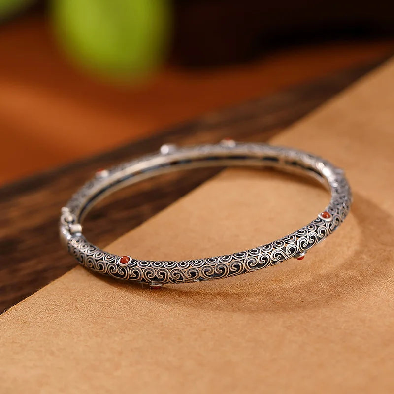 925 Silver Vintage Red Tourmaline Bangle Bracelet - non-plated