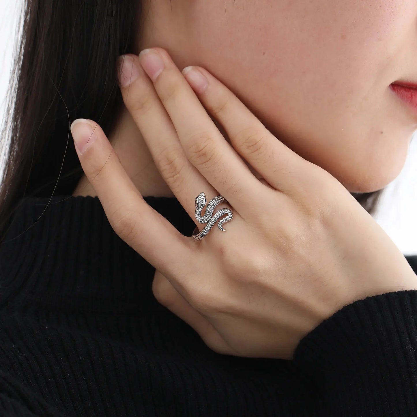 925 Sterling Silver and Black Zircon Snake Adjustable Ring