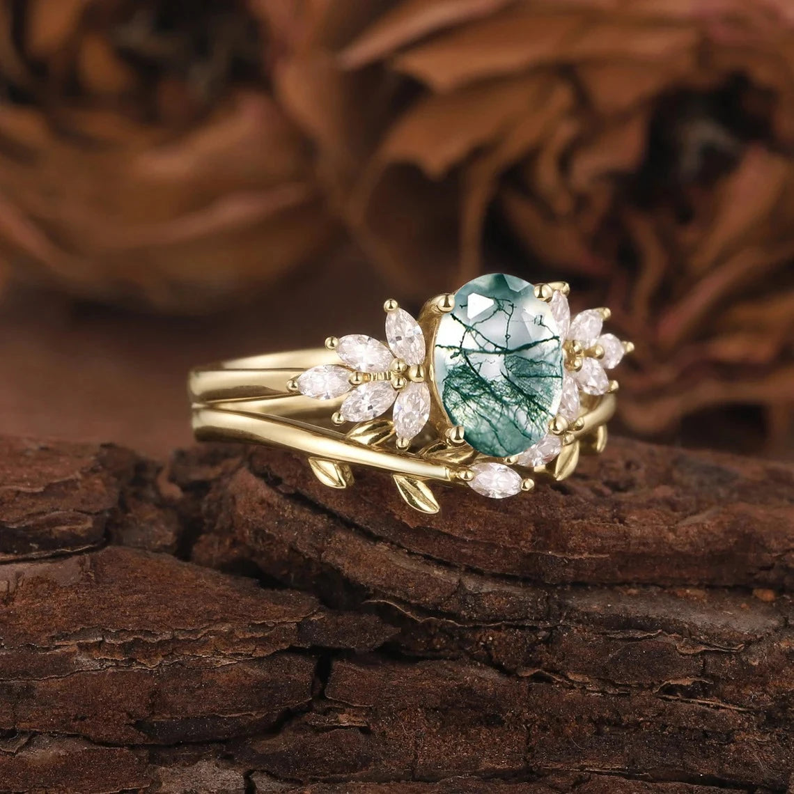 925 Sterling Silver Moss Agate Engagement and Wedding Ring Set B - Rhodium or 18k Gold Plated