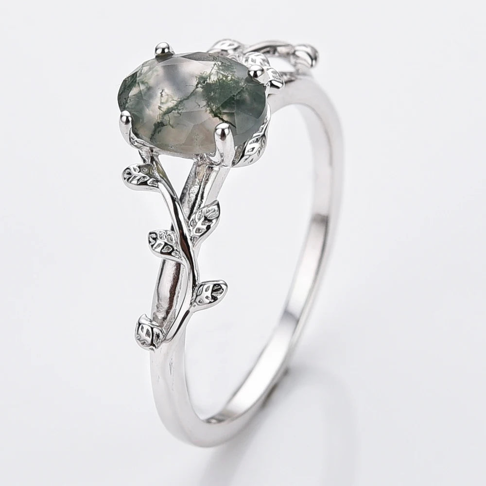 925 Sterling Silver Moss Agate Engagement Ring - Rhodium or 18k Gold Plated