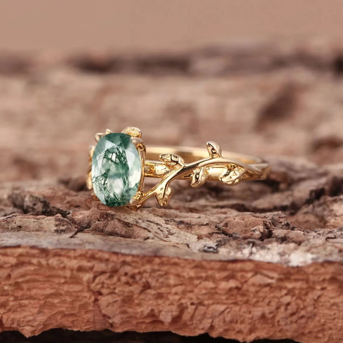 925 Sterling Silver Moss Agate Engagement Ring - Rhodium or 18k Gold Plated