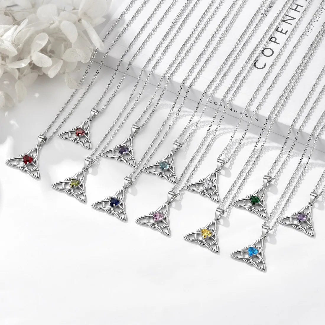 925 Sterling Silver Celtic Knot Birthstone Triquetra Necklace