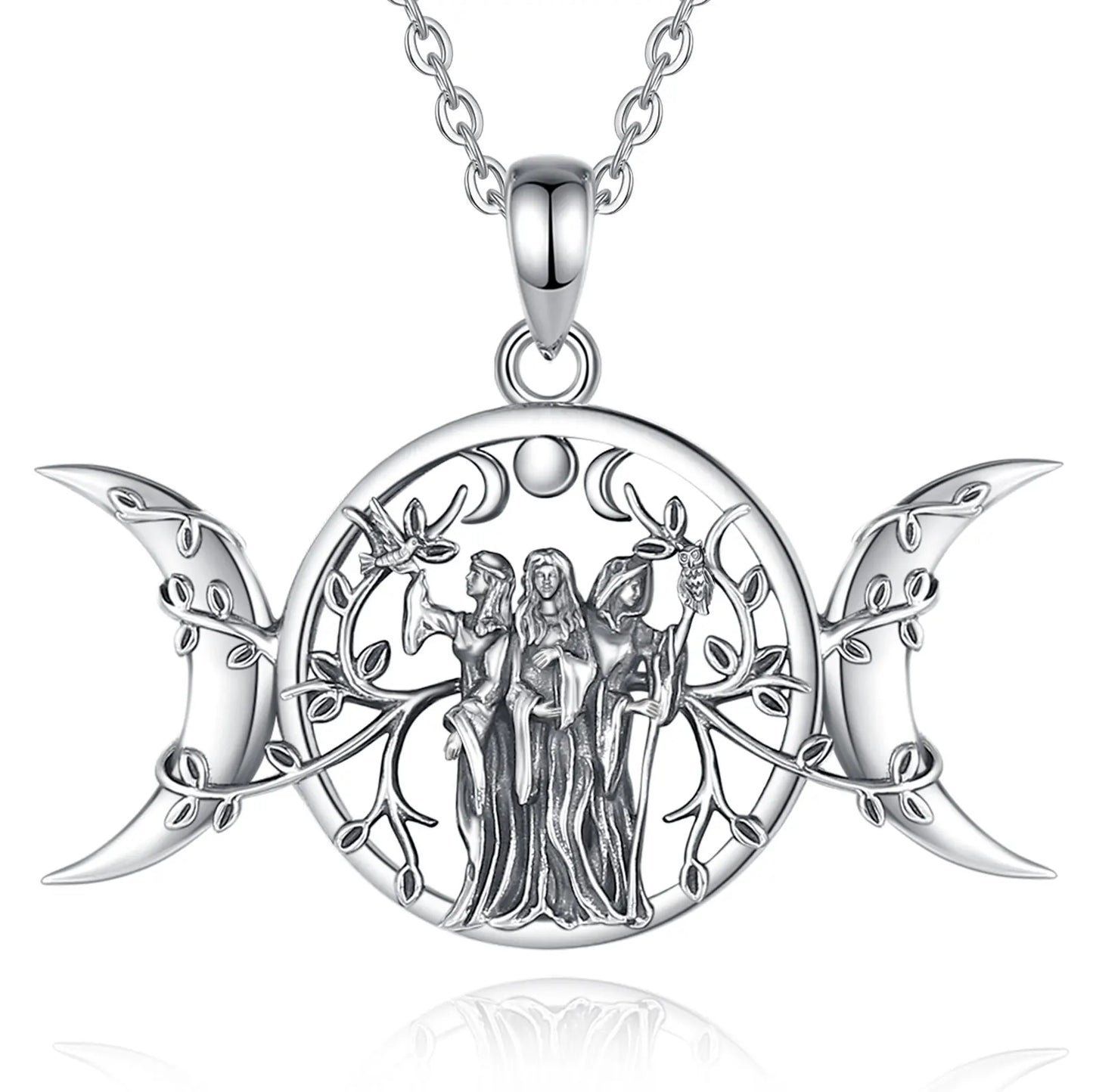 925 Sterling Silver Triple Moon Goddess and Goddesses Necklace