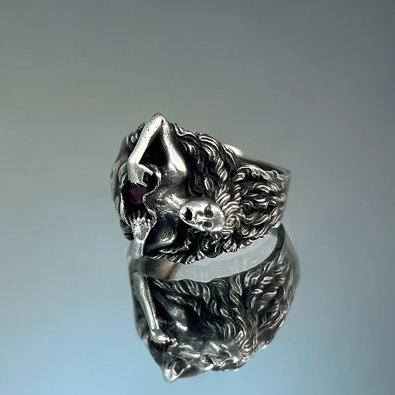 925 Sterling Silver and Red Zircon Exposed Heart Goddess Ring - non-plated