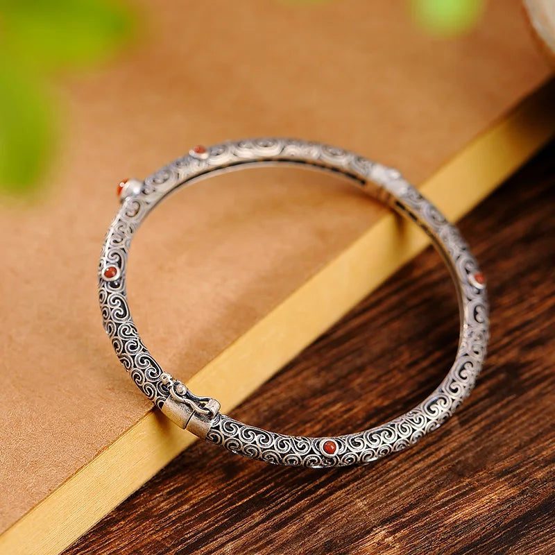 925 Silver Vintage Red Tourmaline Bangle Bracelet - non-plated
