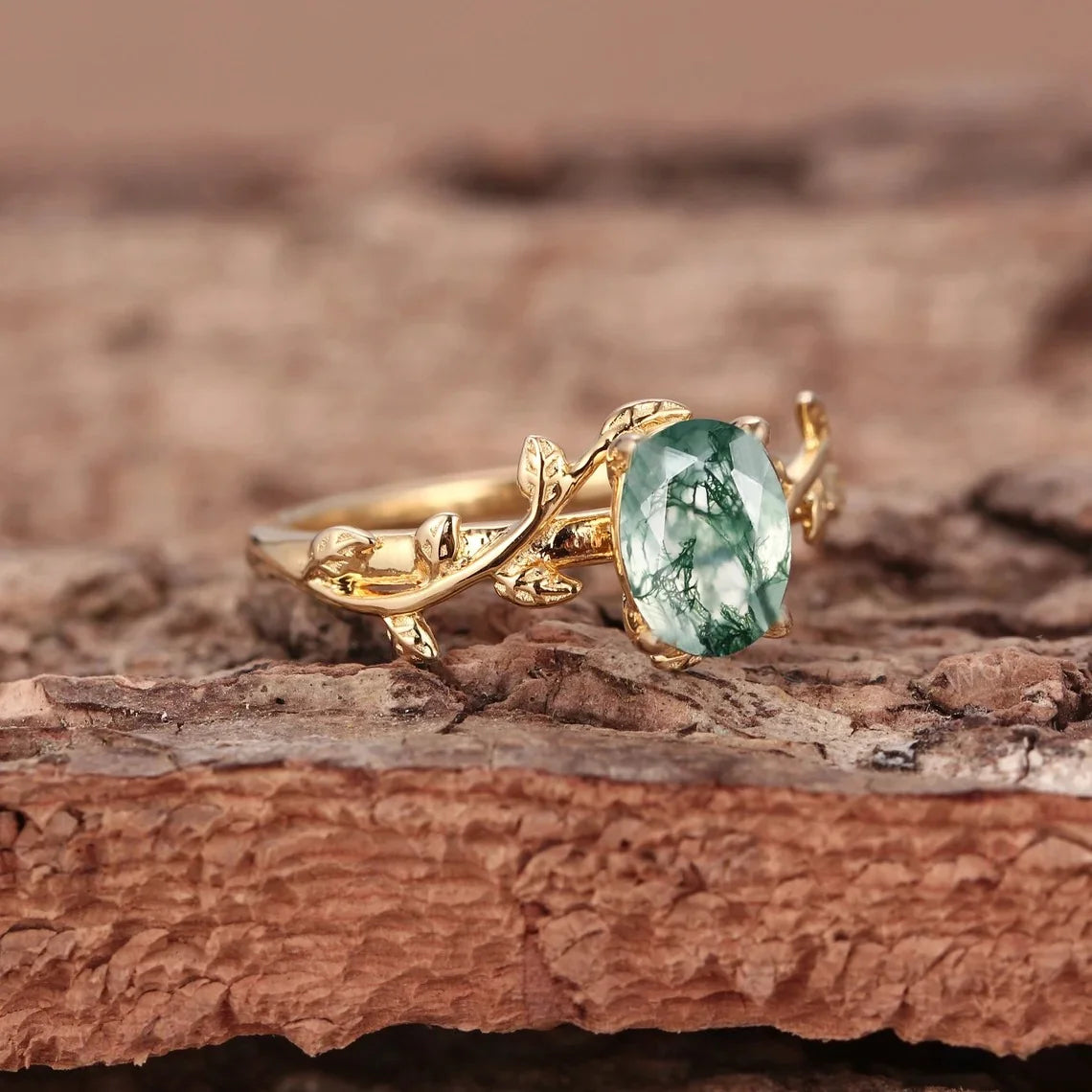 925 Sterling Silver Moss Agate Engagement Ring - Rhodium or 18k Gold Plated