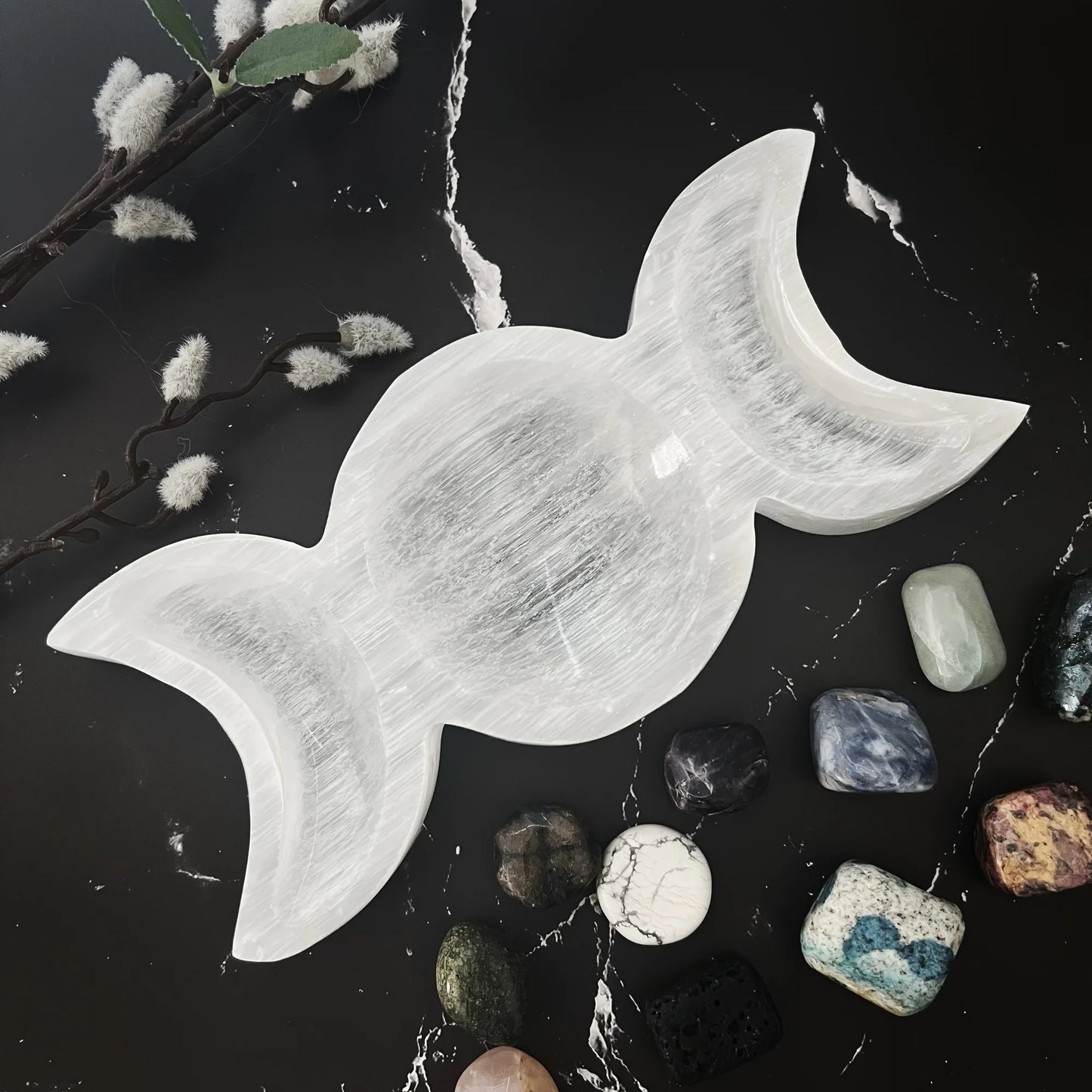 Triple Moon Selenite Crystal Charging Plate