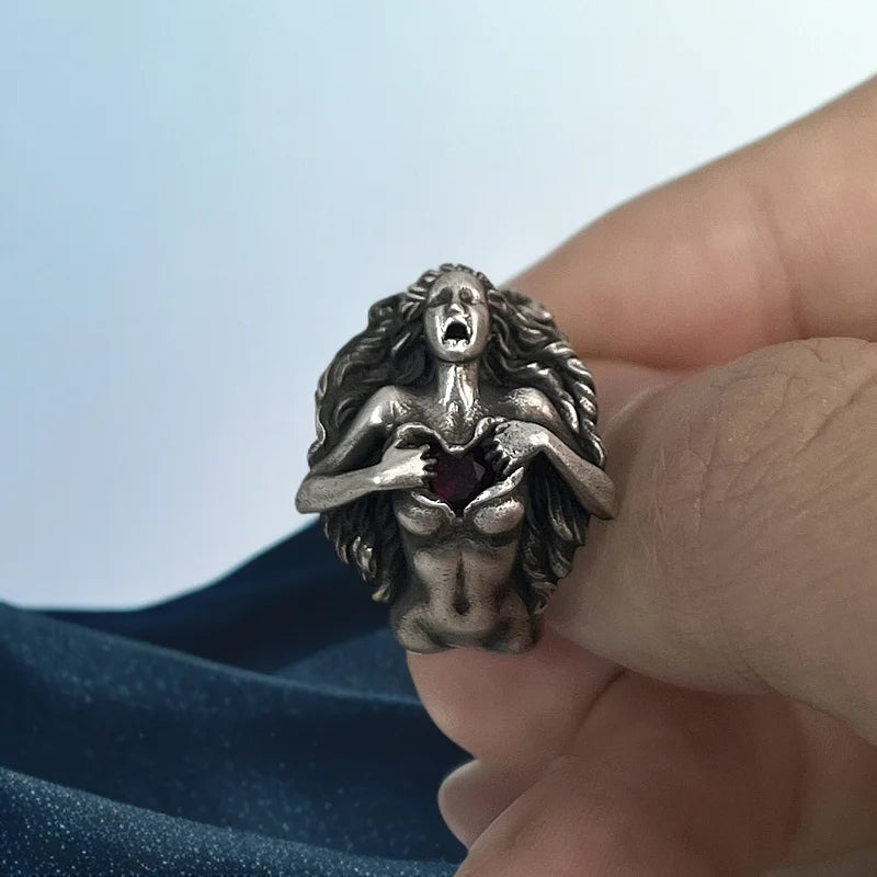 925 Sterling Silver and Red Zircon Exposed Heart Goddess Ring - non-plated