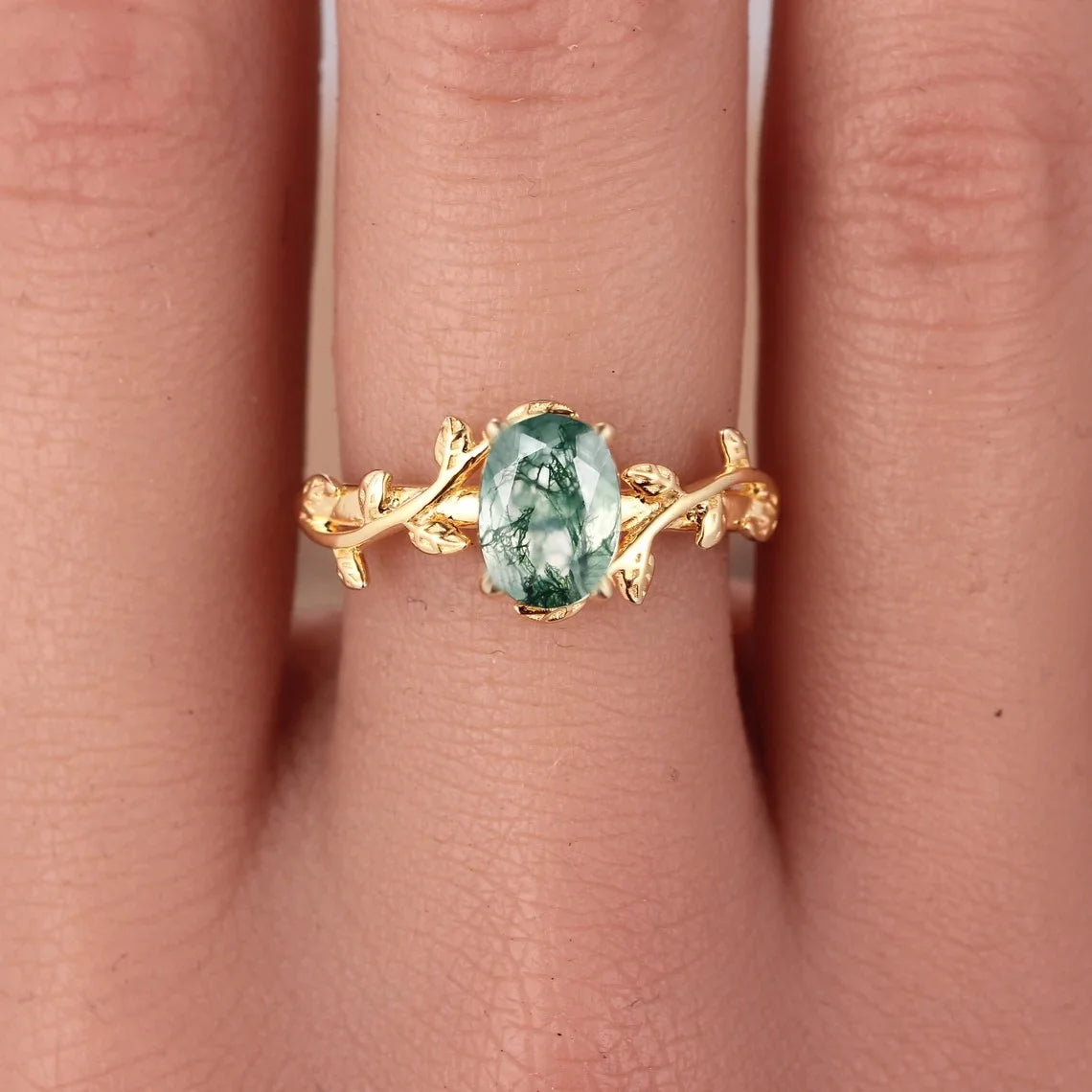 925 Sterling Silver Moss Agate Engagement Ring - Rhodium or 18k Gold Plated