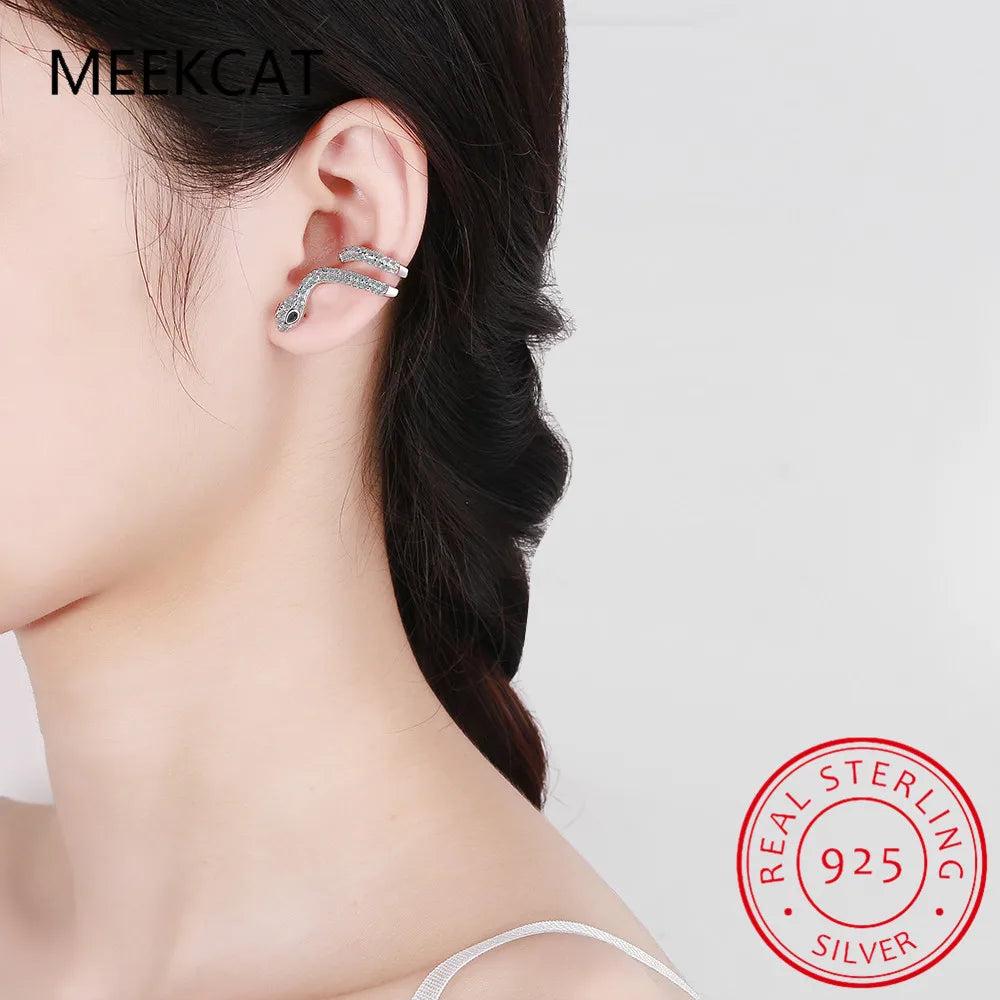 925 Sterling Silver and Zircon Snake Cuff Earrings