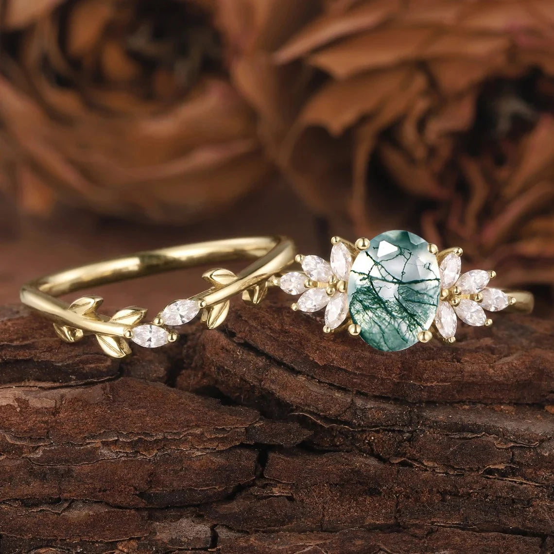 925 Sterling Silver Moss Agate Engagement and Wedding Ring Set B - Rhodium or 18k Gold Plated