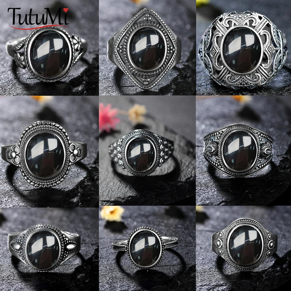 925 Sterling Silver Rings - Black Agate Collection - non-plated