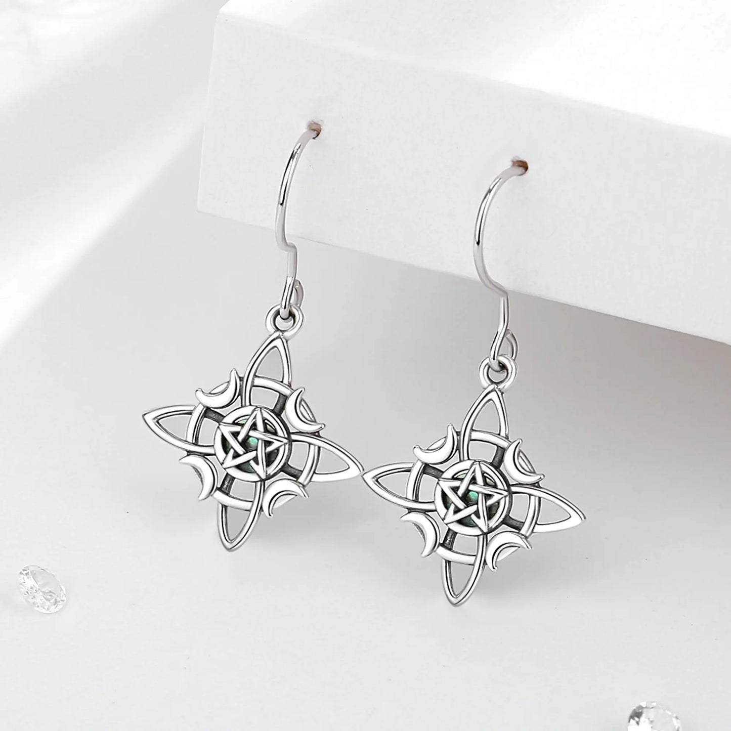 925 Sterling Silver Witch Knot Pentagram Drop Earrings With Mother of Pearl