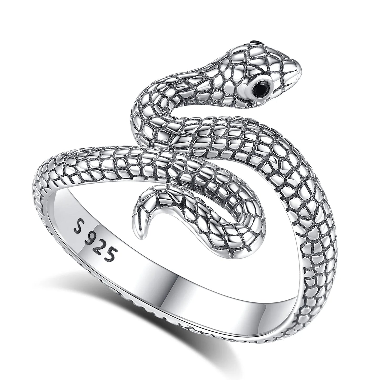 925 Sterling Silver and Black Zircon Snake Adjustable Ring