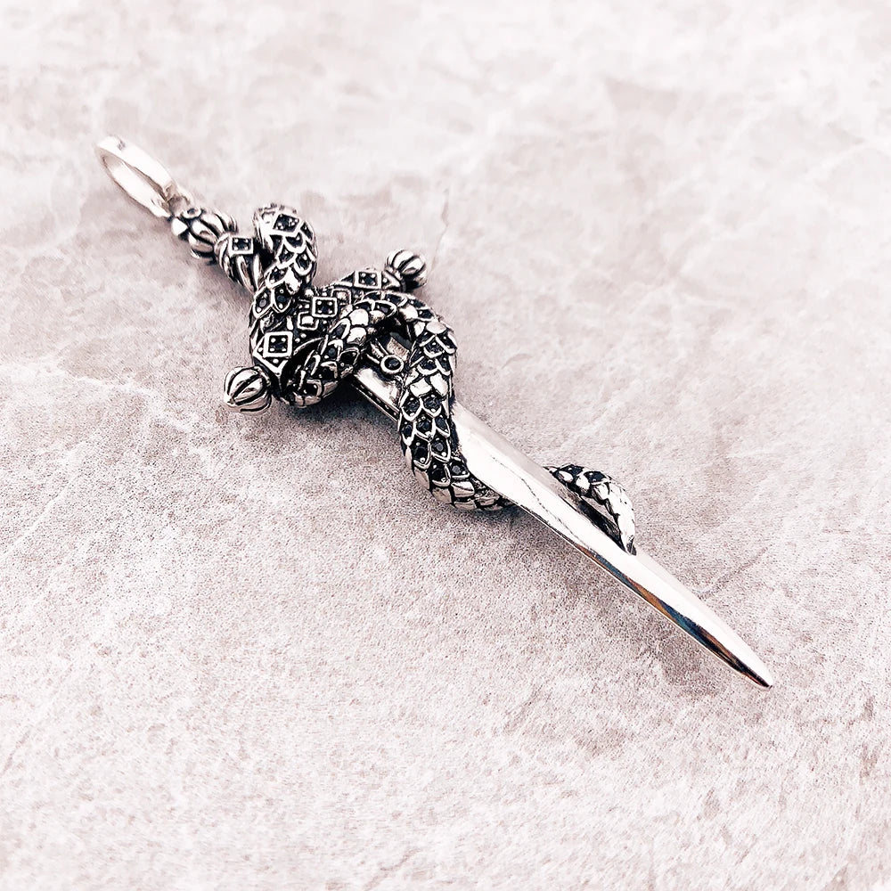 925 Sterling Silver and Black Zircon Stoned Snake & Sword Pendant Charm