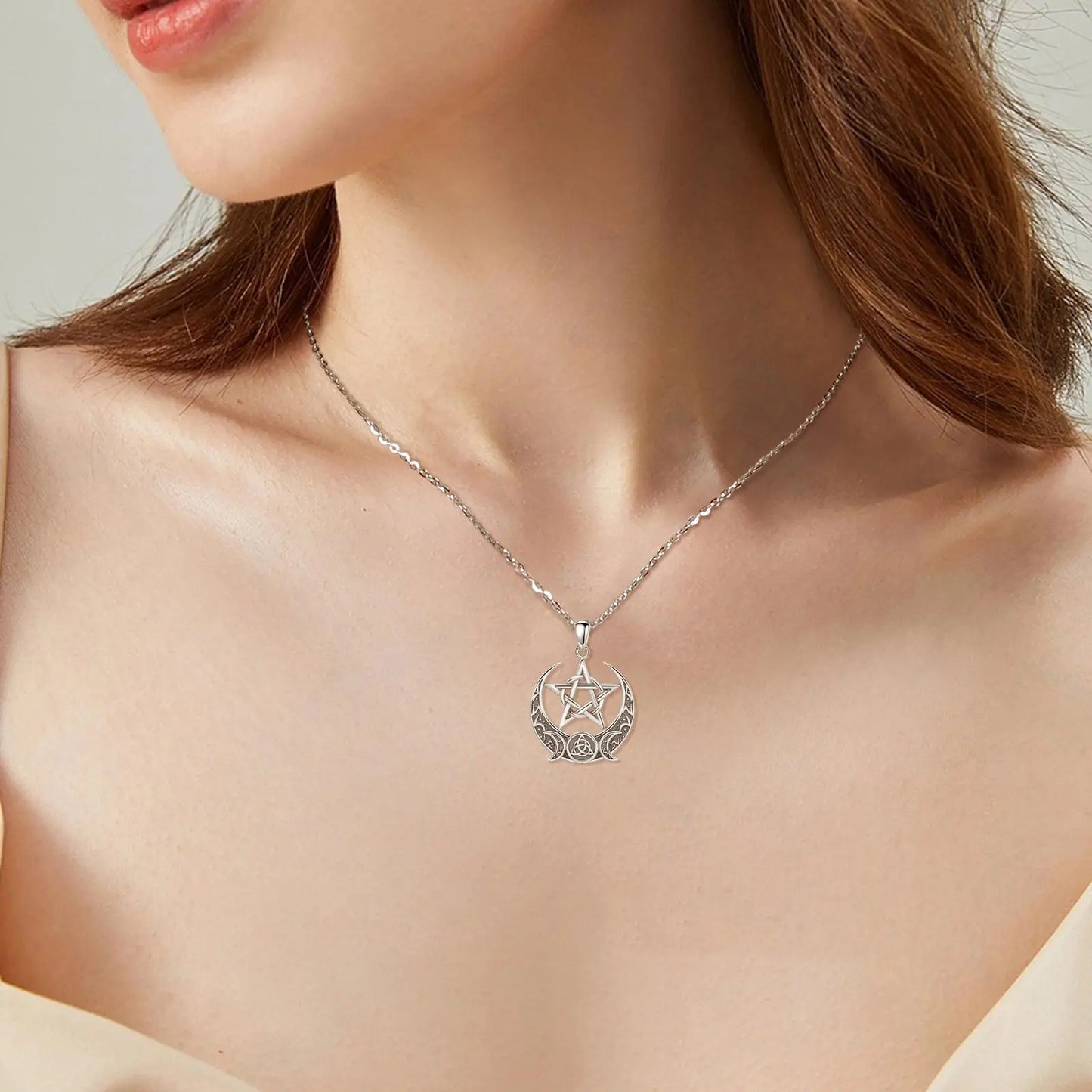 925 Sterling Silver Pentagrm, Triple moon & Triquetra Necklace