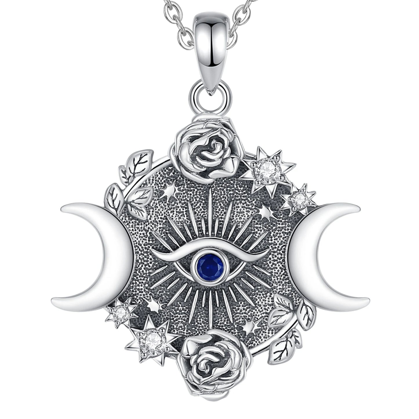 925 Sterling Silver Triple Moon & Evil Eye Necklace