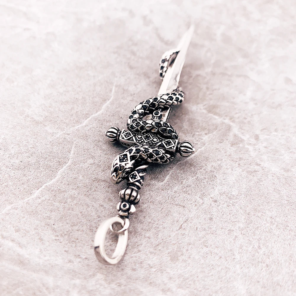 925 Sterling Silver and Black Zircon Stoned Snake & Sword Pendant Charm