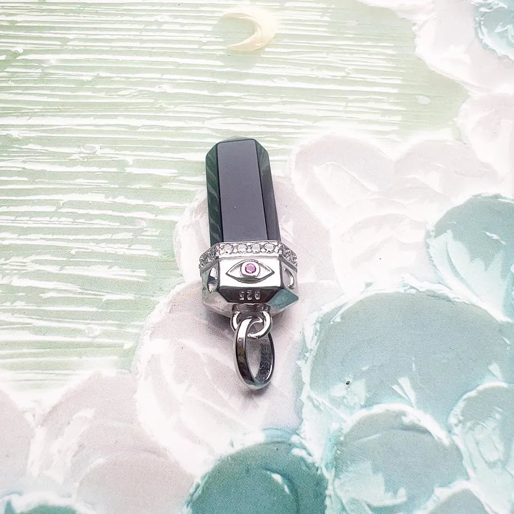 925 Sterling Silver Hexagonal Onyx Pendant with Zircon Sun and Moon