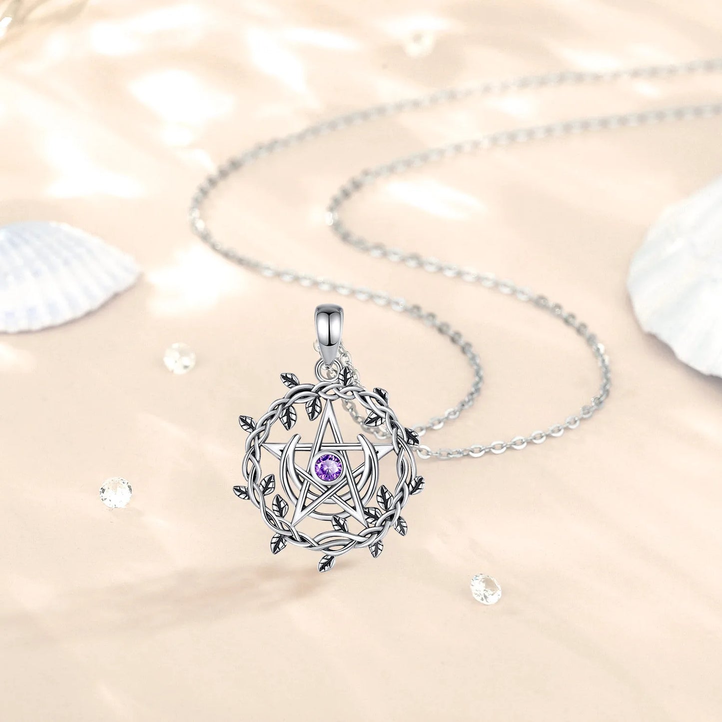 925 Sterling Silver Pentagram, Moon, Olive Leaf & “Amethyst” Necklace