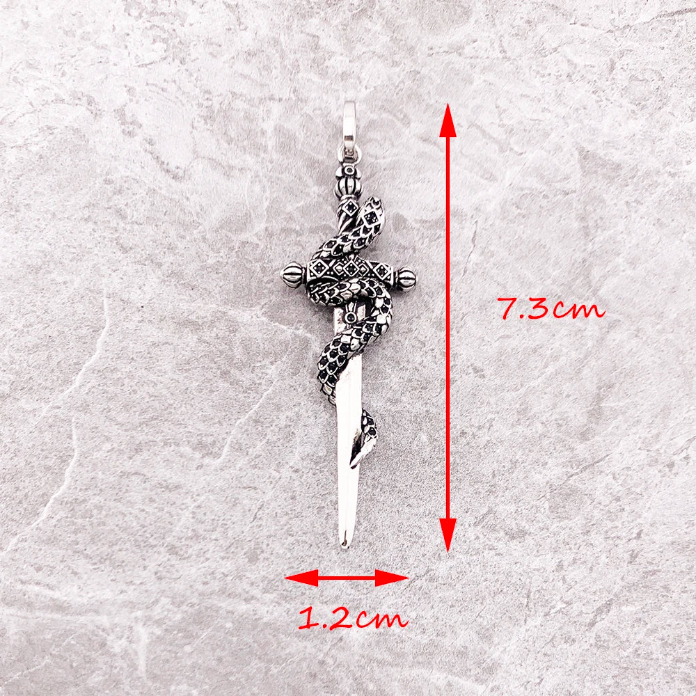 925 Sterling Silver and Black Zircon Stoned Snake & Sword Pendant Charm