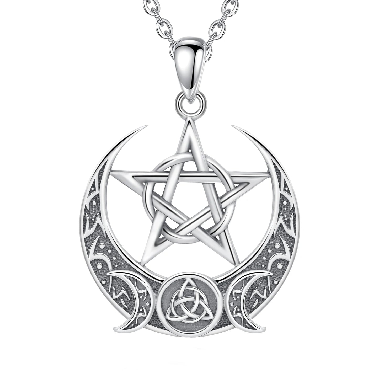925 Sterling Silver Pentagrm, Triple moon & Triquetra Necklace