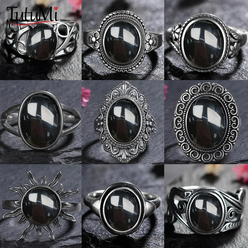 925 Sterling Silver Rings - Black Agate Collection - non-plated